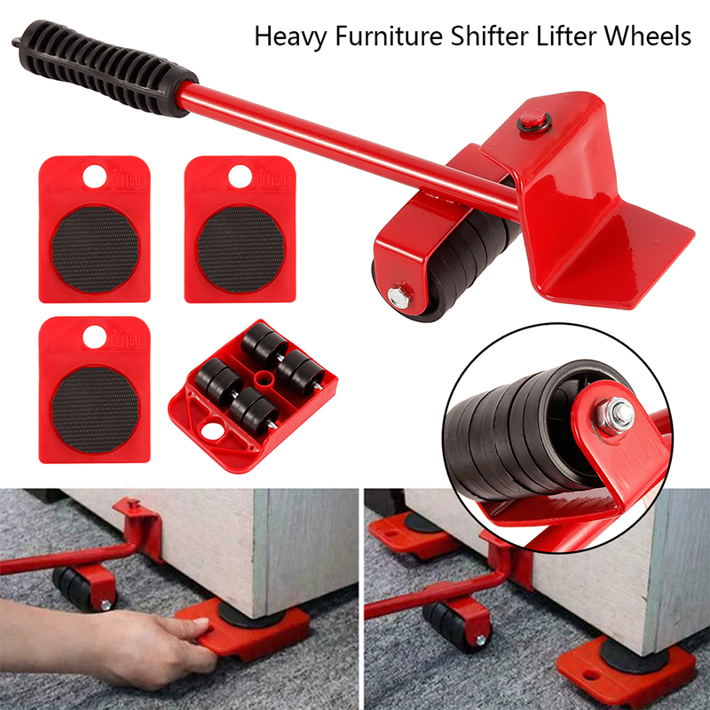 5PCS Furniture Mover Tool Transport Lifter Heavy Stuffs Moving 4 Wheeled Roller with 1 Wheel Bar Set Professional Device